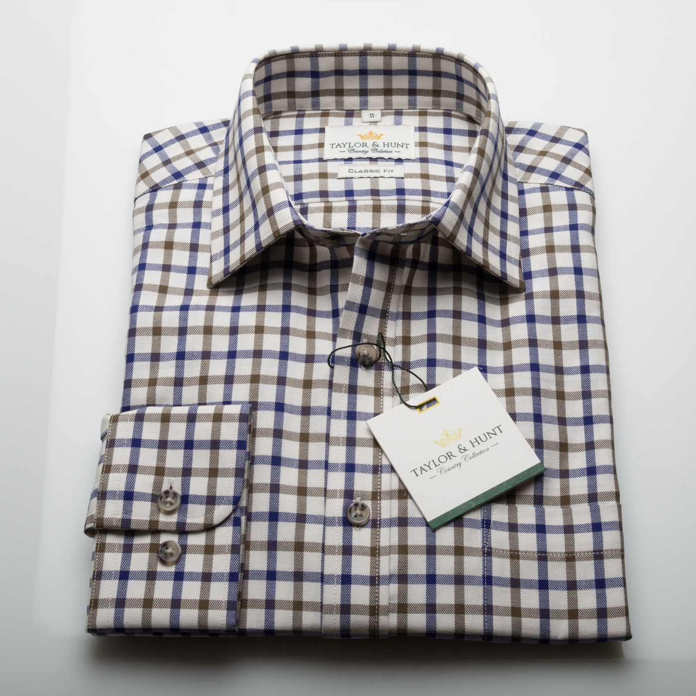 Tattersall Small Cream Navy Brown Check Shirt