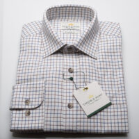 100% Cotton brushed Tattersall Small Cream Navy Brown check, Regular fit shirt