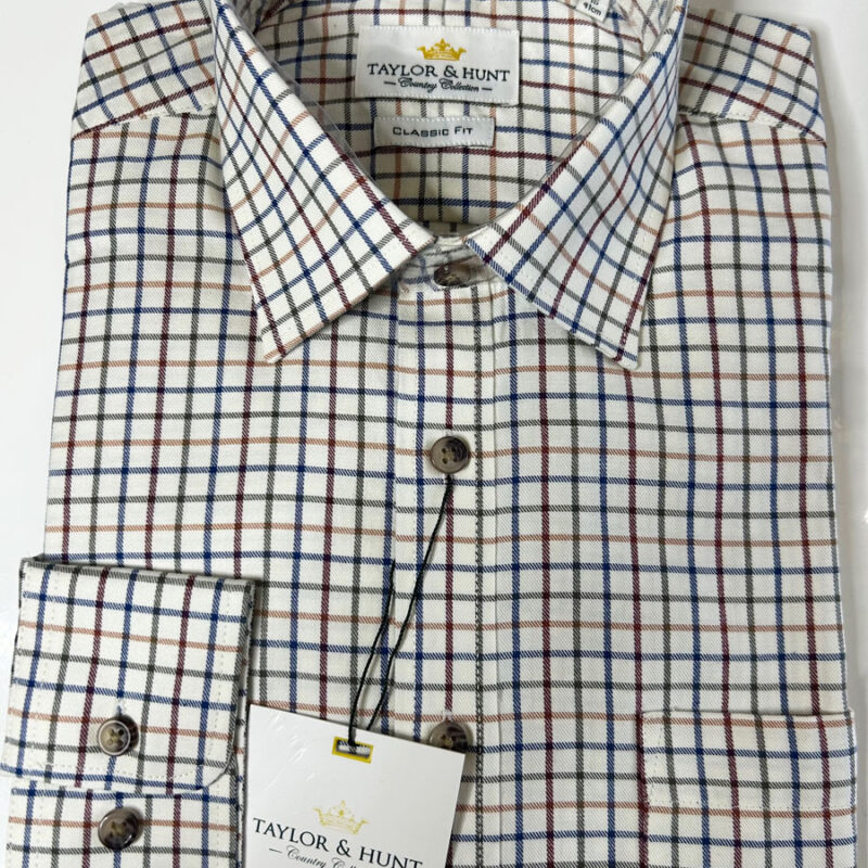 Tattersall Country Shirt, Brushed Cotton, Cream with blue, brown and green check