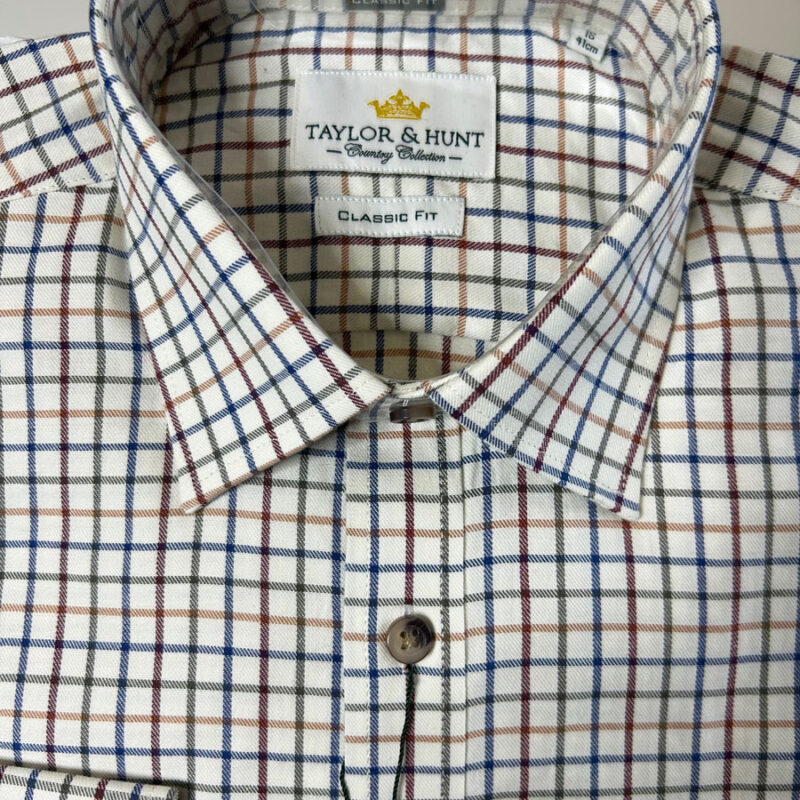 Tattersall Country Shirt, Brushed Cotton, Cream with blue, brown and green check