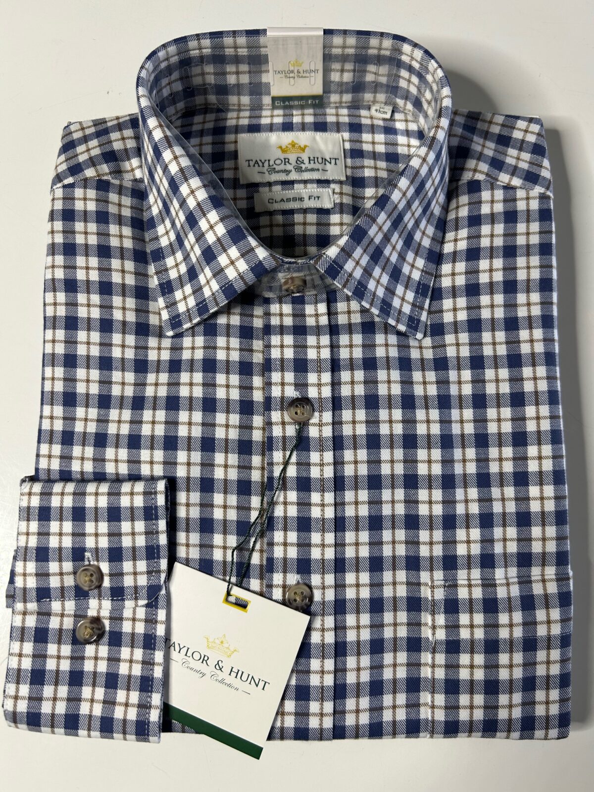 Tattersall Country Shirt, Brushed Cotton, Navy with Brown Check