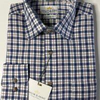Tattersall Country Shirt, Brushed Cotton, Navy with Brown Check