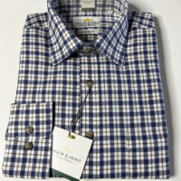 Tattersall Country Shirt, Brushed Cotton, Navy with Brown Check