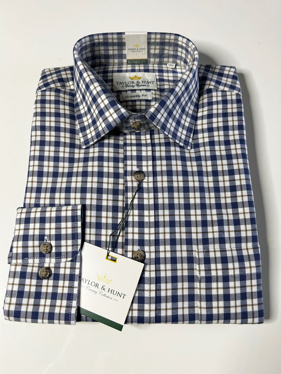 Navy-with-Brown-Check-7048-2 Tattersall Country Shirt, Brushed Cotton, Navy with Brown Check