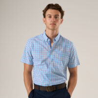 Mens Blue Check Button Down Collar Short sleeve shirt