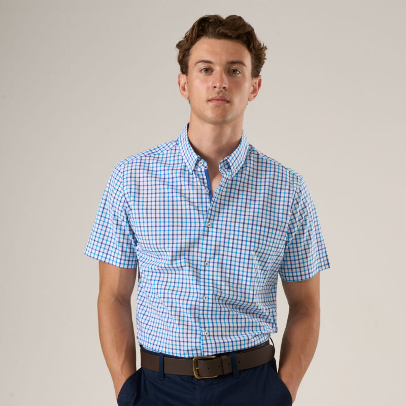 Mens Blue Check Button Down Collar Short sleeve shirt