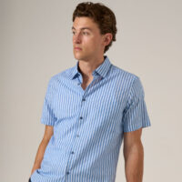 Mens Blue Stripe Cotton Linen Blend Short sleeve shirt with blue contrast buttons. Relaxed Fit.