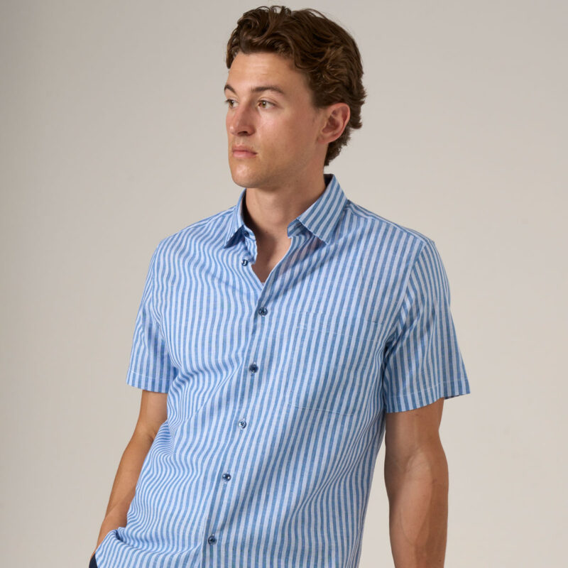 Mens Blue Stripe Cotton Linen Blend Short sleeve shirt with blue contrast buttons. Relaxed Fit.