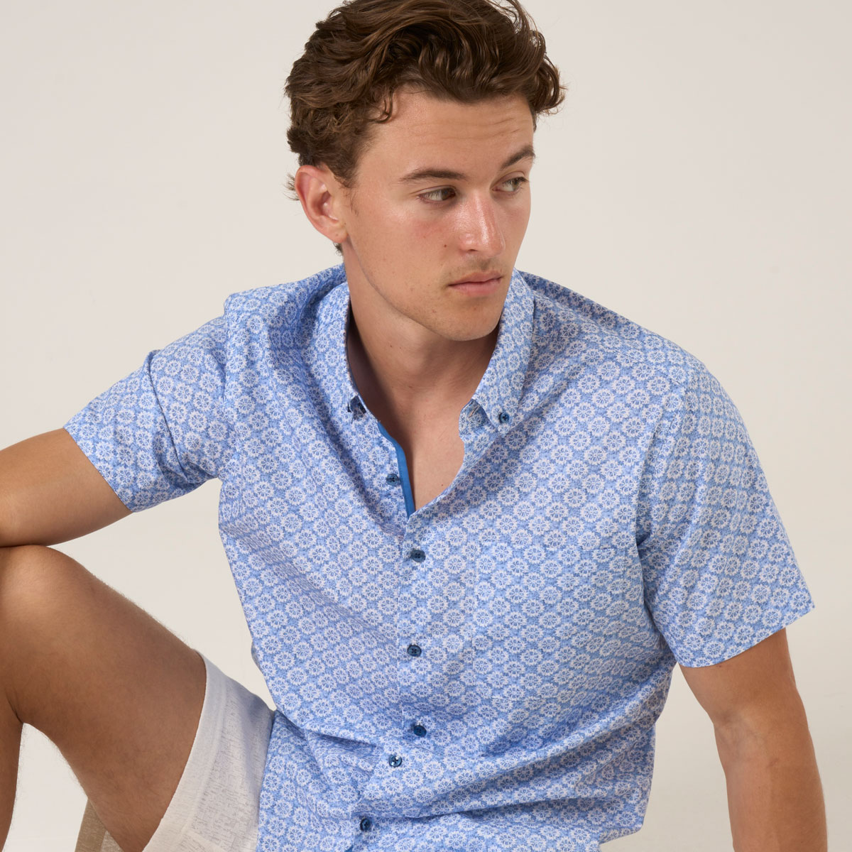 Mens Blue Watercolour Floral Print Short Sleeve Shirt
