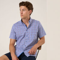 Mens Navy Check Button Down Collar Short sleeve shirt
