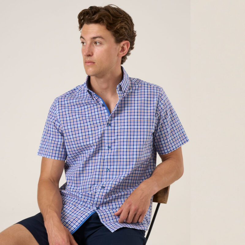 Mens Navy Check Button Down Collar Short sleeve shirt