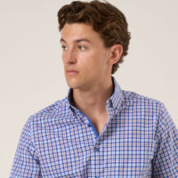 Mens Navy Check Button Down Collar Short sleeve shirt