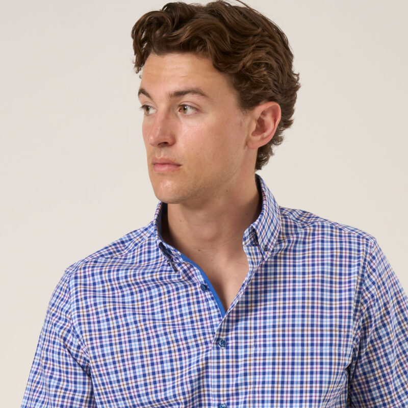 Mens Navy Check Button Down Collar Short sleeve shirt