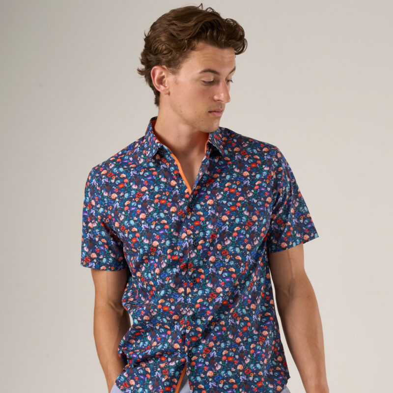Mens Navy and Multi Coloured Floral Print Short Sleeve Shirt