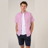 Mens Pink Check Button Down Collar Short sleeve shirt with sky contrast trim