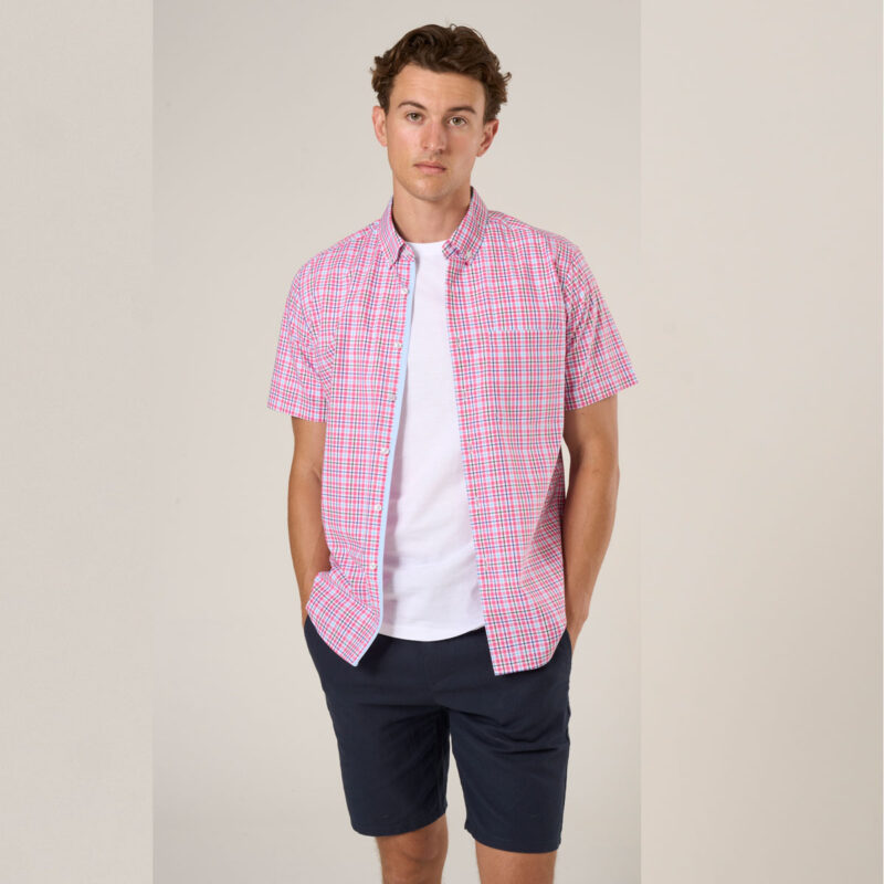 Mens Pink Check Button Down Collar Short sleeve shirt with sky contrast trim
