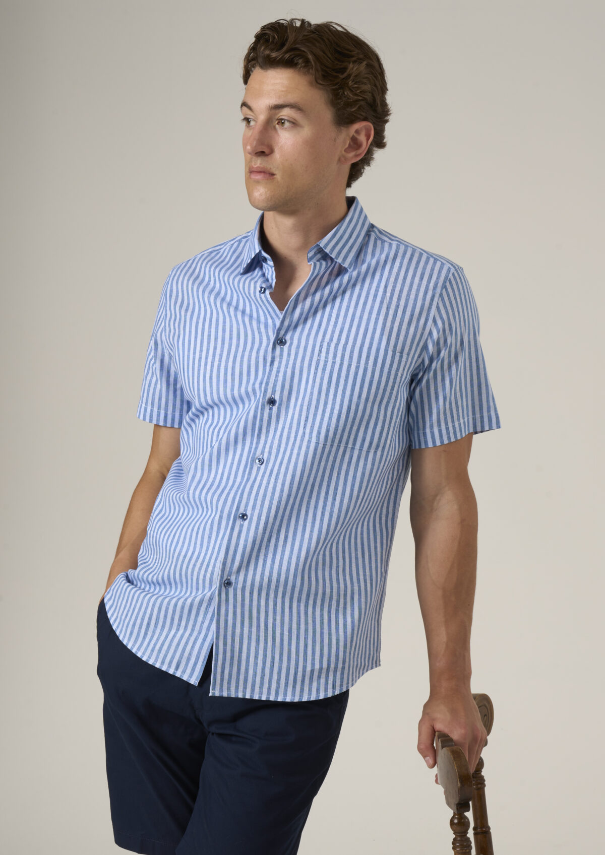 Mens Blue Stripe Cotton Linen Blend Short sleeve shirt with blue contrast buttons. Relaxed Fit.