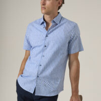 Mens Blue Stripe Cotton Linen Blend Short sleeve shirt with blue contrast buttons. Relaxed Fit.
