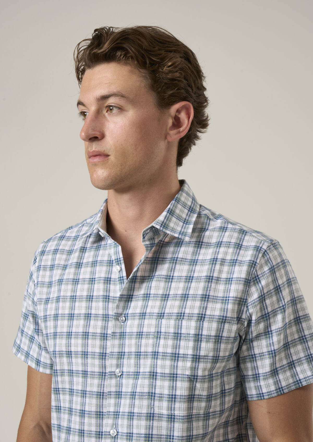 Mens Olive Check Linen Blend Short sleeve shirt . Relaxed Fit.