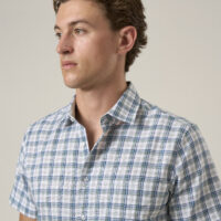 Mens Olive Check Linen Blend Short sleeve shirt . Relaxed Fit.