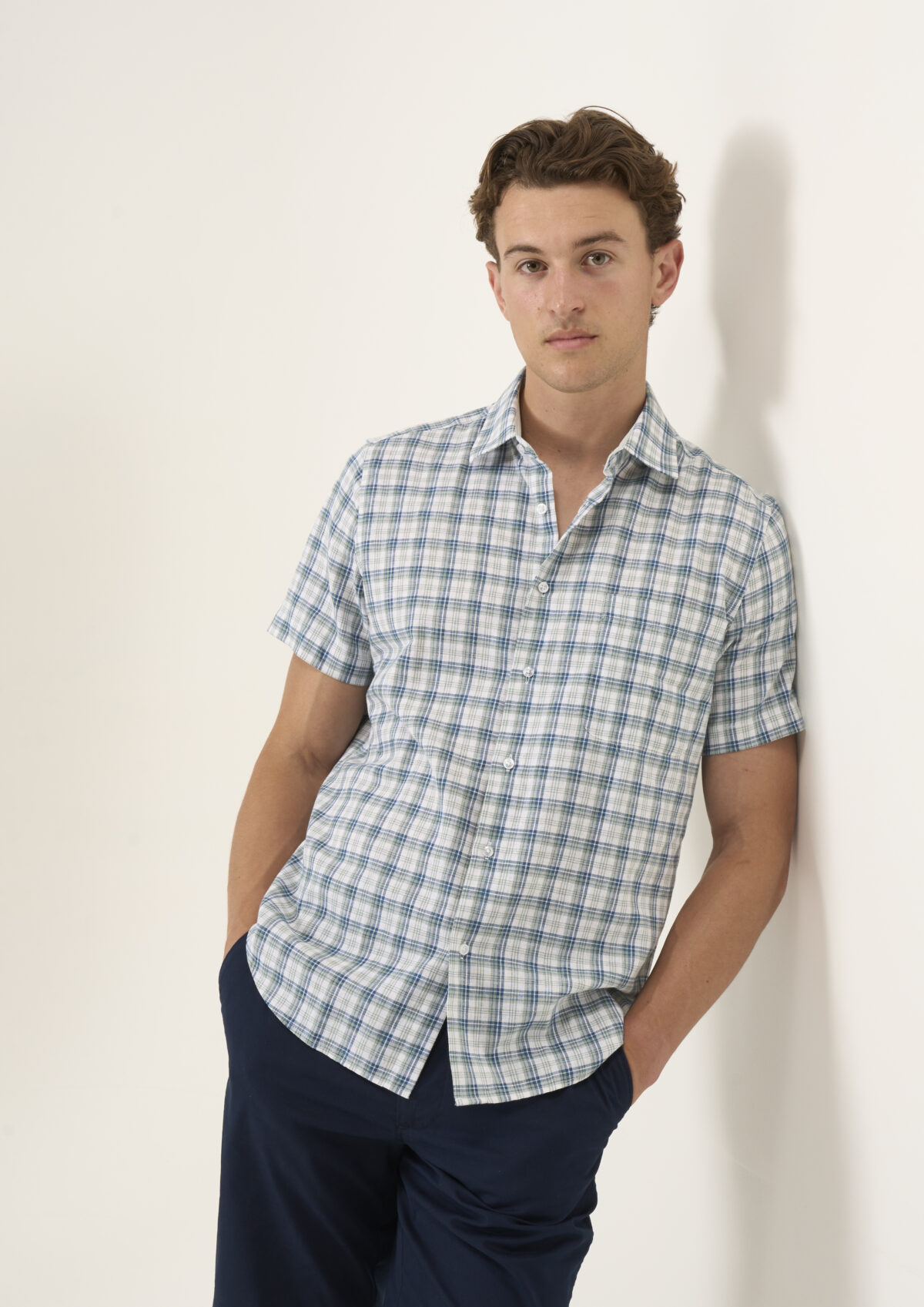 THLB009 2 Mens Olive Check Linen Blend Short sleeve shirt . Relaxed Fit.