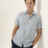 Mens Olive Check Linen Blend Short sleeve shirt . Relaxed Fit.